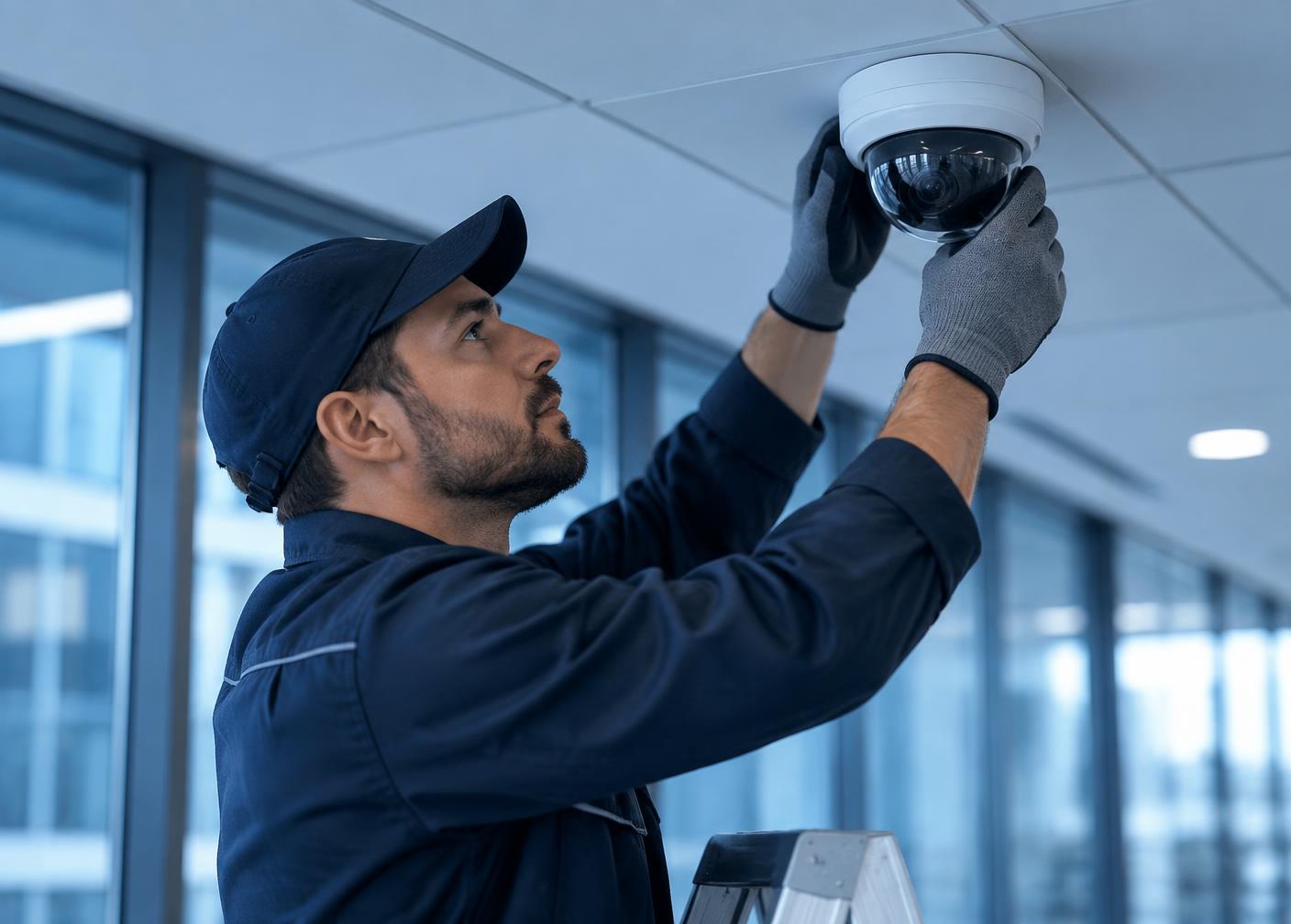 Technician installing a dome CCTV camera in an office