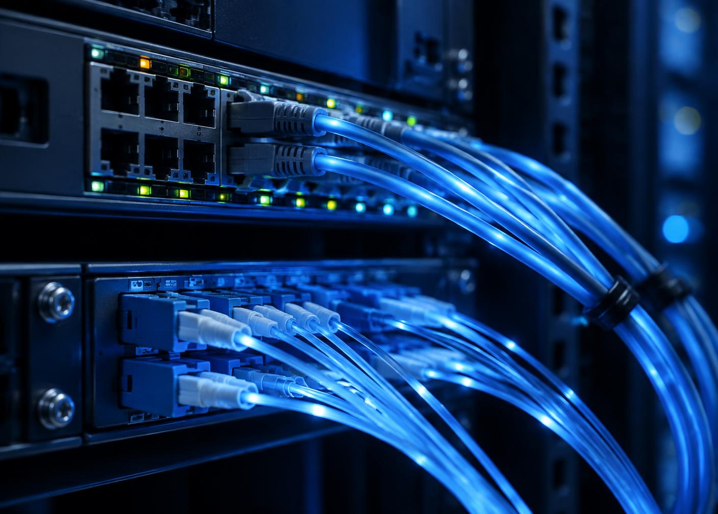 Network switch and fibre patch panel with blue cabling